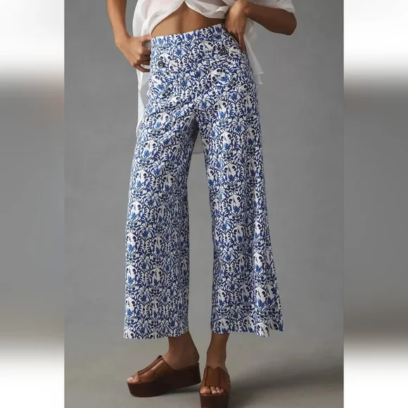 Maeve Anthropologie Printed Palazzo Wide-Leg Pants Size 4 Blue Birds - Picture 1 of 11